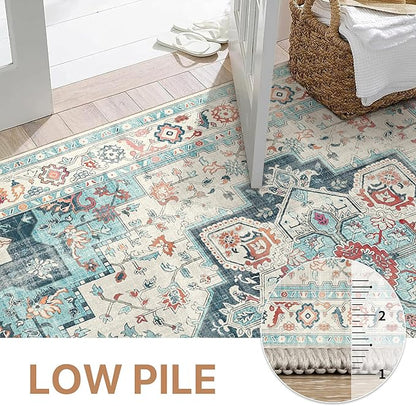 GENIMO 9x12 Area Rugs for Living Room, Machine Washable Non Slip Vintage Rugs, Low Pile Lightweight Chenille Print Rug for Bedroom, Dining Room, Home Office, Turquoise