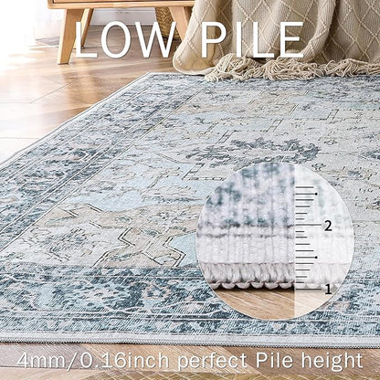 GENIMO Runner Rug 2'6"x7, Non Slip Vintage Hallway Runner Rugs, Low Pile Lightweight Machine Washable Mat for Hallway, Entryway, Bedroom, Kitchen and Corridor, Blue
