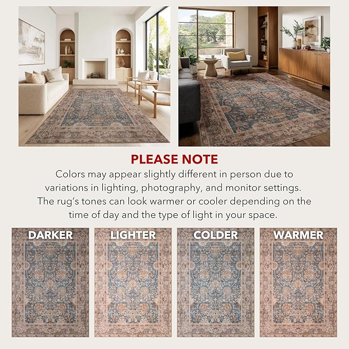 Kuden 6x9 Area Rug, Machine Washable Area Rug with Non-Slip Backing, Vintage Style, Soft, Easy Clean, Low Pile Rug for Living Room, Bedroom, Dining Room
