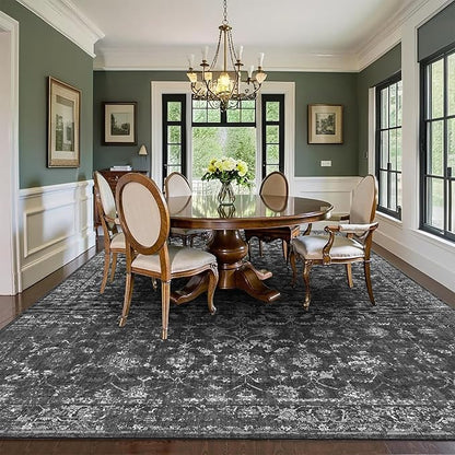 Washable Area Rug 9x12 Black Rugs for Living Room, Vintage Boho Large Rug for Bedroom Dining Room Office, Distressed Floral Print Carpet for Under Table, Soft Non Slip Low Pile Throw Carpet Indoor Mat