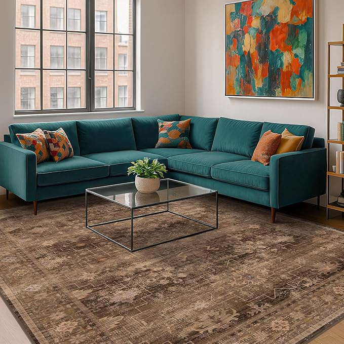 Boho Taupe Brown 5x7 Living Room Rug - Modern Vintage Traditional Oriental Neutral, Washable Low Pile Non-Slip Large Area Rugs for Nursery Dining Under Table