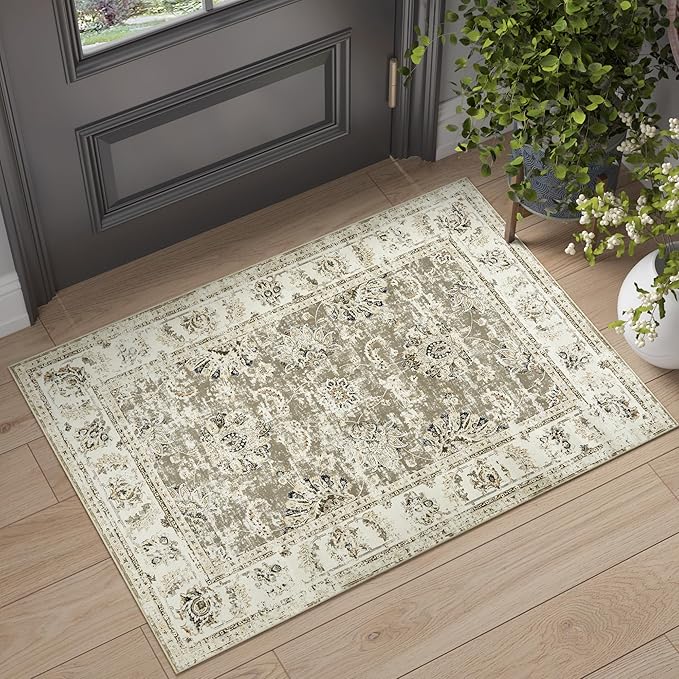 jinchan Fiora Floral 2x3 Rug for Entryway - Vintage Washable Area Rug Ultra-Thin Low Pile Soft Small Non Slip Distressed Indoor Door mat Accent for Entrance Kitchen Bathroom Bedroom (2x3ft, Taupe)