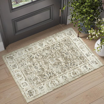 jinchan Fiora Floral 2x3 Rug for Entryway - Vintage Washable Area Rug Ultra-Thin Low Pile Soft Small Non Slip Distressed Indoor Door mat Accent for Entrance Kitchen Bathroom Bedroom (2x3ft, Taupe)