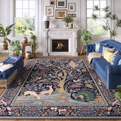 Rugcomf Area Rugs 5x7 Vibrant Tree of Life-Patterned Vintage Washable Area Rug Non Slip Low Pile Large Rugs for Living Room Bedroom Farmhouse Dining Room Kids Playroom, Blue