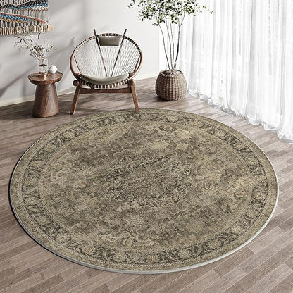 5x5 Washable Brown Round Rug Vintage Entryway Kitchen Cirlce Rug Non-Slip Soft Low Pile Distressed Indoor Carpet for Entrance Bathroom Dining Room