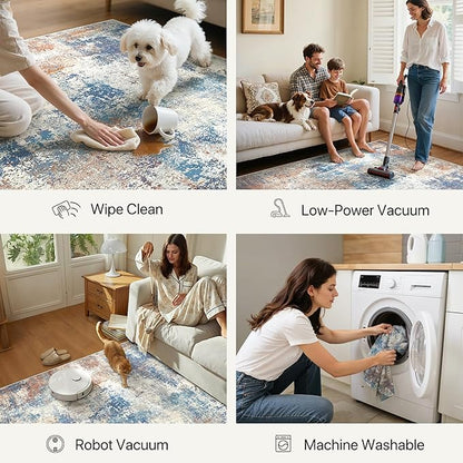 5x7 Area Rugs Washable Blue Rug for Living Room Bedroom, Abstract Modern Large Rug Non Slip, Water Repellent Low Pile Soft Carpet for Dining Room, Blue Rust