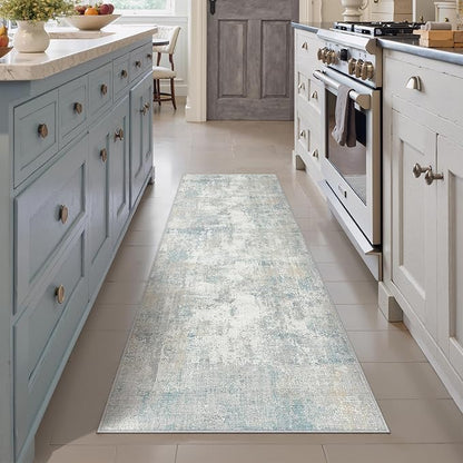 2x6 Washable Runner Rug Blue Cream Abstract Hallway Kitchen Throw Rug Neutral Modern Non Slip Soft Low Pile Lightweight Carpet for Bathroom Laundry Bedroom Living Room
