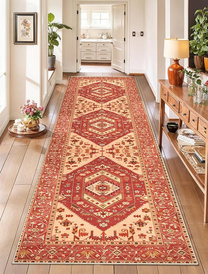 SERISSA Runner Rug for Hallways, 2'6"x8' Washable Non Slip Kitchen Runner Rug, Long Boho Rug Vintage Red Beige Hallway Stair Ultra Soft Print Floor Carpet for Bedroom Bathroom Laundry Room