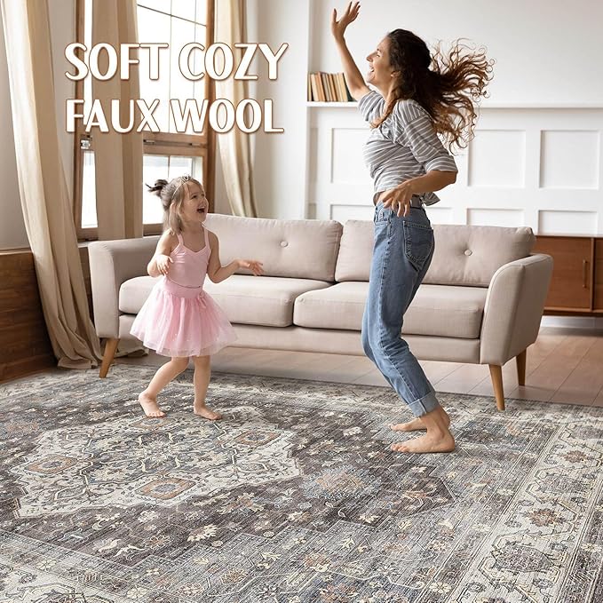 9x12 Area Rug Living Room: Washable Boho Large Neutral Vintage Soft Rugs Stain Resistant Farmhouse Non-Slip Indoor Floor Carpet for Bedroom Nursery Kids Office Dining Room Playroom- Grey Brown