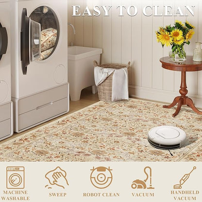 DUKINO 6x9 Rugs for Living Room, Vintage Washable Rug with Non Slip Backing, Floral Low Pile & Non-Shedding Large Area Carpets for Bedroom, Dining Room, Farmhouse, Home Office, Beige