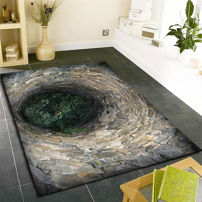 3D Hole Area Rug for Bedroom, 5x6ft, Visual Illusion Stone Cave Trap Design Home Decorative Rugs, Breathable Anti Skid Dirty Resistant Washable Soft Large Carpets for Family Indoor