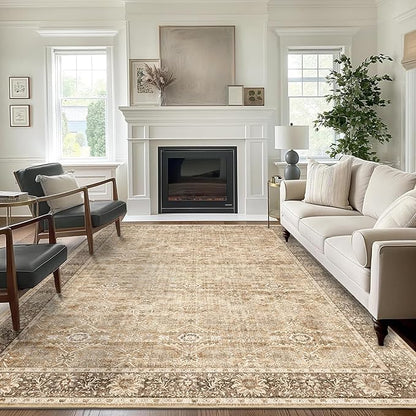 6x9 Beige Washable Rug for Living Room Large Vintage Distressed Bedroom Rug Low Pile Non-Slip Soft Boho Carpets for Bedroom Dining Room Home Office Indoor Nursery