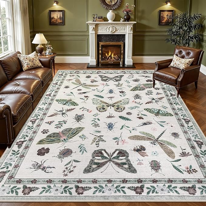 9x12 Area Rugs Living Room Rug: Vintage Washable Rug Floral Soft Carpet Indoor Floor Non-Slip Boho Stain Resistant Large Carpets for Bedroom Kids Nursery Dining Room Farmhouse Home Office Beige