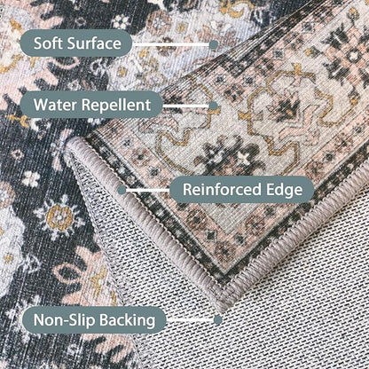 5x7 Area Rug Machine Washable Boho Rug for Living Room,Ultra-Thin Low Pile Carpet,Lightweight Indoor Printed Rug,Non Slip Floral Area Rug for Bedroom, Dining Room, Home Office,Black