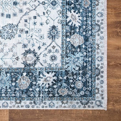 Bloom Rugs Caria Washable Non-Slip 12 ft Runner - Navy Blue Traditional Bordered Runner for Entryway, Hallway, Bathroom, and Kitchen - Exact Size: 2'6" x 12'