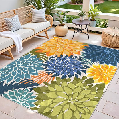 Colorful 5x8 Outdoor Area Rug Washable Multicolored Patio Rug Tropical Botanical Floral Chenille Waterproof Outdoor Carpet for Living Room, Deck, Backyard, Porch, Green