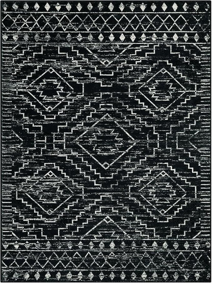 Wonnitar Moroccan 9x12 Area Rug for Living Room, Washable Black Rugs for Bedroom, Large Non-Slip Thin Dining Room Rugs for Under Table, Non-Shedding Soft Boho Floor Carpet Decor (Black,9'x12')