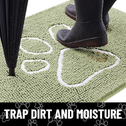Smiry Dog Door Mat for Muddy Paws, Absorbent Dirt Trapper Non Slip Quick Dry Washable Chenille Mat for Mud Dogs, Entry Rug for Indoor and Outdoor (30x20 Inches, Sage Green and White)