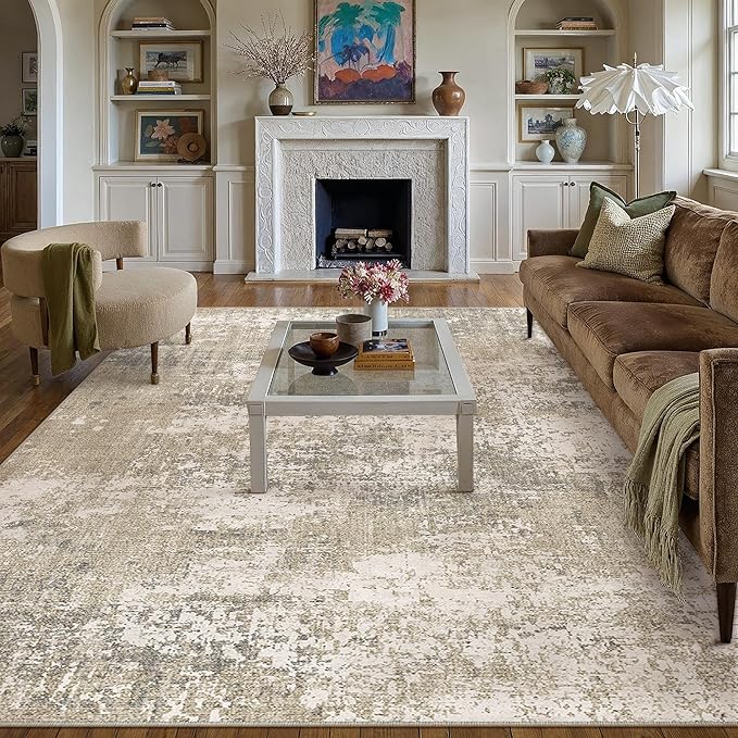 Beige Area Rug 8x10 Machine Washable Modern Abstract Living Room Carpet Non Slip Neutral Low Pile Soft Non Shedding Bedroom Contemporary Large Rug Indoor Office Dining Room Playroom