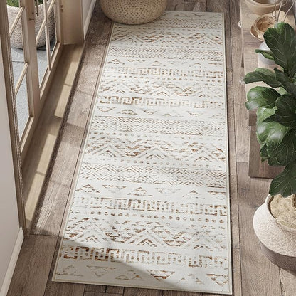 jinchan Boho Runner Rug 2x5 - Moroccan Machine Washable Non-Slip Bohemian Diamond Low-Pile Soft Runner Rug for Entryway Hallway Kitchen Bedroom Laundry Room (2‘x5', Mocha)