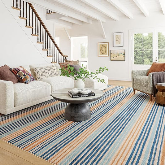 Dash & Albert Tyne Blue Machine Washable Rug, 6 X 9 Feet, Blue/Tan Stripe Pattern
