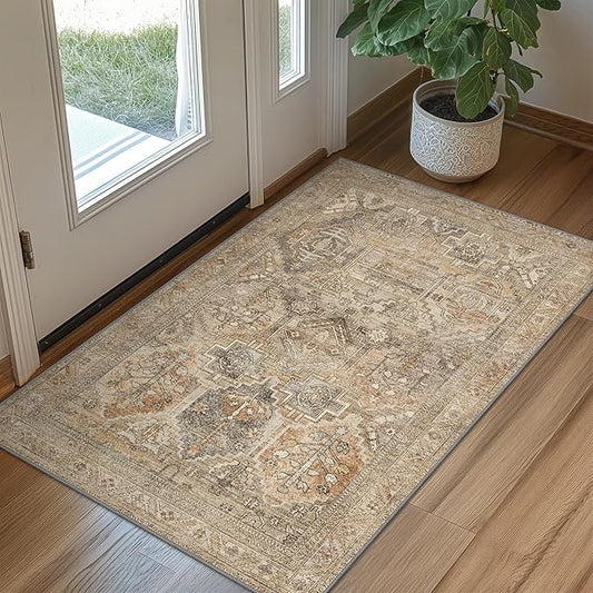 Bavni 2x3 Entryway Rug Bathroom Rugs for Front Door Bedroom Bathroom Kitchen, Washable Vintage Print Carpet, Ultra-Thin Chenille Lightweight Rug with Non Slip Backing, Wood