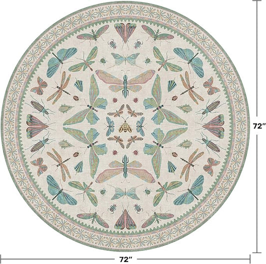 Green and Blue Insect 6ft Round Soft Rugs for Nursery, Bedroom Beside Bed - Non Skid Rug Low Pile Washable Living Room Rugs, Forest Butterfly Design Stain Resistant Home Décor