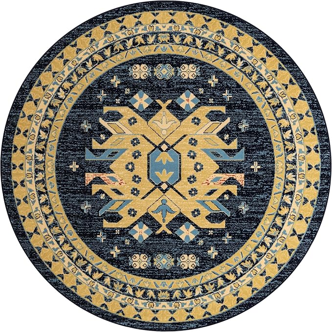 Unique Loom Taftan Collection Border Geometric Tribal Inspired Design Area Rug (8' 0 x 8' 0 Round, Navy Blue/ Gold)