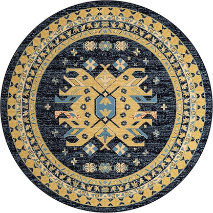 Unique Loom Taftan Collection Border Geometric Tribal Inspired Design Area Rug (8' 0 x 8' 0 Round, Navy Blue/ Gold)