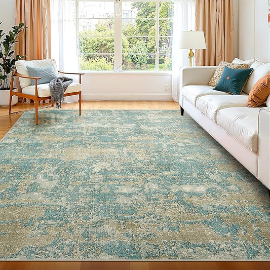 WITSHOCK Living Room Area Rugs 7x9：Modern Abstract Machine Washable Large Rug for Bedroom Dining Room Non-Slip Stain Resistant Home Office Decor,Teal Brown