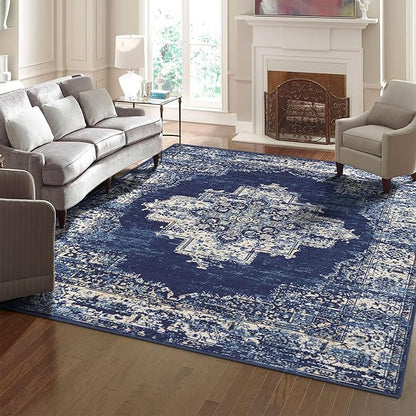 vivorug 8x10 Area Rugs for Living Room, Non-Slip Backing Washable Rug 8x10, Large Area Rug Soft Carpet for Bedroom Dining Room, Vintage, Easy Clean, Durable, Low Pile Rug Under Table, Navy Blue