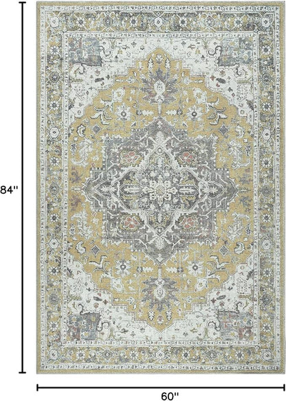 Bloom Rugs Washable Non-Slip 5' x 7' Rug - Yellow Traditional Medallion Area Rug for Living Room, Bedroom, Dining Room, and Kitchen - Exact Size: 5' x 7'