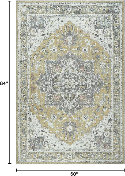 Bloom Rugs Washable Non-Slip 5' x 7' Rug - Yellow Traditional Medallion Area Rug for Living Room, Bedroom, Dining Room, and Kitchen - Exact Size: 5' x 7'