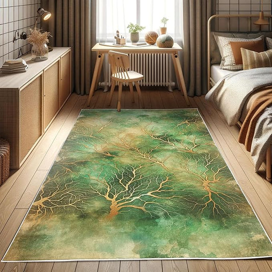 Ambesonne Abstract Decorative Rug, Autumn Leafless Branches with Watercolor Look Dreamy Back Jungle Tones, Quality Carpet for Bedroom Dorm and Living Room, 2' 2" x 3' 7", Jade Green Pale Coffee