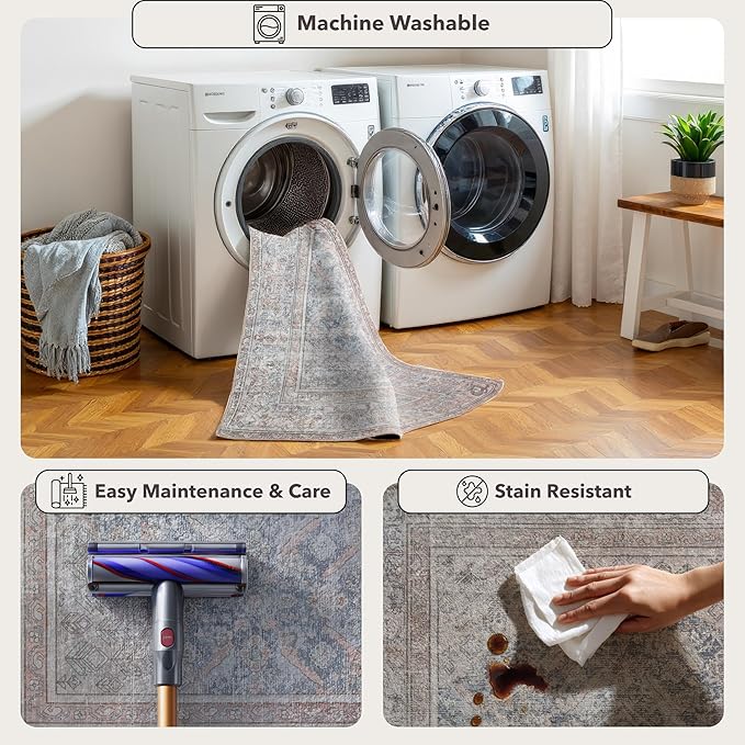 Kuden 5x7 Area Rug, Machine Washable Area Rug with Non-Slip Backing, Vintage Style, Soft, Easy Clean, Low Pile Rug for Living Room, Bedroom, Dining Room