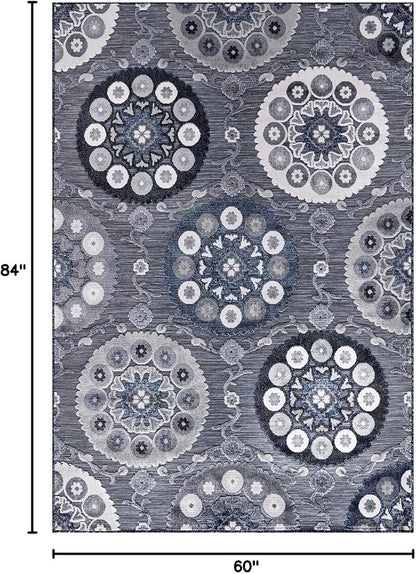 CAMILSON Indoor Outdoor Rug 5x7 Bohemian Medallion Floral Area Rugs for Indoor and Outdoor Patios Easy-Cleaning Non-Shedding Living Room Garden and Kitchen Washable Outside Carpet (5 x 7 / Navy)