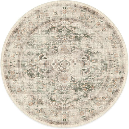 RUGGABLE Washable Vintage Area Rug – Sarrah Sage 8 ft Round, Stain-Resistant, Non-Slip – Large Machine Washable Rugs for Living Room, Bedroom, Hallway, Entryway & Office–with Standard Pad