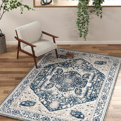 EnHomee 4x6 Area Rugs for Living Room, Boho Area Rug, Machine Soft Washable Rug for Bedroom, Living Room Rug, Non-Slip, Low-Pile, Dining Room Indoor Home Decor, Colorful Print, Blue and White