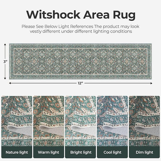 WITSHOCK Washable 3x12 Long Runners Rugs for Hallways,Vintage Neutral Hallway Rugs for Entryway Kitchen Bedroom,Vintage Farmhouse Home Decor(Teal Blue,3x12)