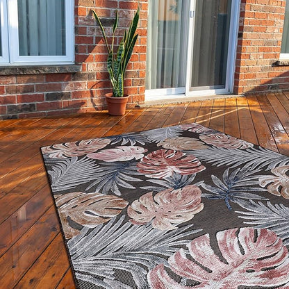 CAMILSON Indoor Outdoor Rug, Brown 5x7 Leaf Tropical Botanical Area Rugs for Indoor and Outdoor patios, Easy-Cleaning Non-Shedding Living Room, Garden and Kitchen Washable Outside Carpet (5 x 7)