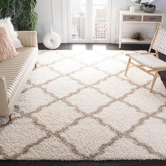 SAFAVIEH Dallas Shag Collection Area Rug - 10' x 14', Ivory & Beige, Trellis Design, Non-Shedding & Easy Care, 1.5-inch Thick Ideal for High Traffic Areas in Living Room, Bedroom (SGD257B)