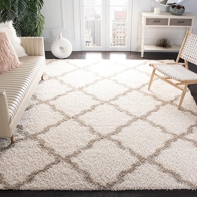SAFAVIEH Dallas Shag Collection X-Large Area Rug - 11' x 15', Ivory & Beige, Trellis Design, Non-Shedding & Easy Care, 1.5-inch Thick Ideal for High Traffic Areas in Living Room, Bedroom (SGD257B)