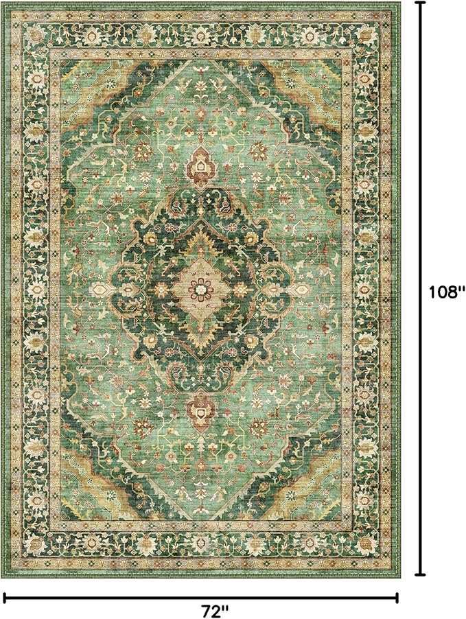 6x9 Vintage Rugs for Dining Room, Washable Rugs Non Slip Large Area Rug for Living Room Bedroom Office, Floor Decoration Big Rug Mat Low-Pile Kid & Pet Friendly(Border Green)