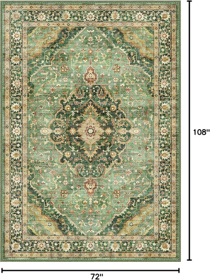 6x9 Vintage Rugs for Dining Room, Washable Rugs Non Slip Large Area Rug for Living Room Bedroom Office, Floor Decoration Big Rug Mat Low-Pile Kid & Pet Friendly(Border Green)
