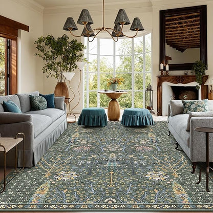 Kokia Boho Vintage Floral Area Rugs, Washable Oriental Botanical Rugs for Living Room, Bedroom, Dining Room, Office, Large Soft Indoor Area Rug, Sage Green，8x10