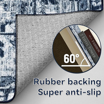 YJ.GWL Area Rugs for Living Room 4x6 Machine Washable Rugs for Bedroom, Non Slip Floral Vintage Rug Indoor Carpet, Stain Resistant Throw Rug for Dining Room Kitchen, Navy Blue