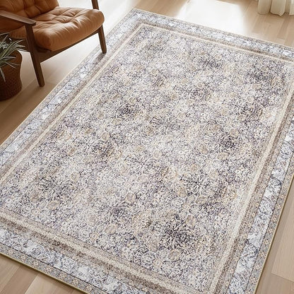 Phantoscope Washable Area Rug 4'x6' Non-Slip, Vintage Neutral Rugs for Living Room, Bedroom, Dining Room, Distressed Boho Floral Medallion Pattern, Low-Pile Foldable Floor Carpet, Light Brown