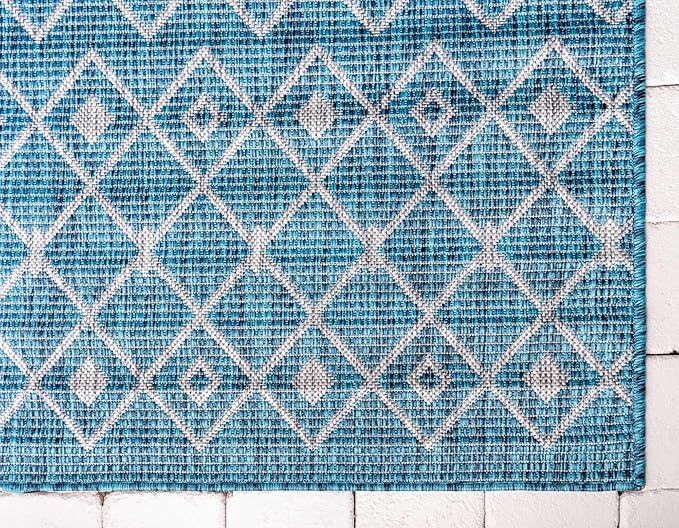 Unique Loom Outdoor Trellis Collection Area Rug - Tribal Trellis (6' 1" x 9' Rectangle, Teal/ Ivory)