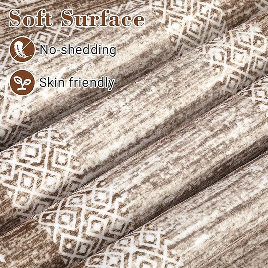 GarveeHome Modern Geometric Area Rug 2x3 Distressed Bordered Washable Non Slip Floor Small Carpet Non Shedding Thin Soft Low Pile Rug, Contemporary Brown Rug for Dining Room, Living Room