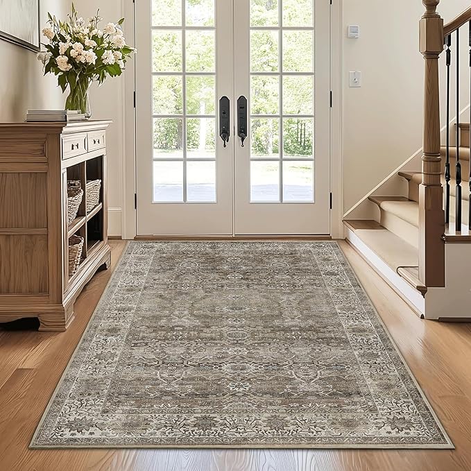 3x5 Washable Rug for Living Room Bedroom Dining Room Non-Slip Low Pile Boho Vintage Distressed Entryway Rug Traditional Floral Retro Accent Throw Carpet for Dining Room Bathroom Kitchen Antique/Moss